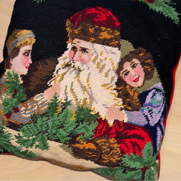 Christmas Vintage Santa Noel Children Needlepoint Pillow 13x13 Holly Home Decor - Picture 3 of 5